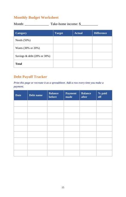 Printable monthly budget worksheet included in Debt-Free Budgeting